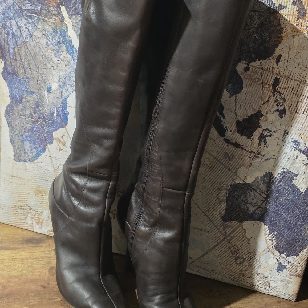 Nine West Timeless Women's Dark Brown Leather Knee-High Stiletto Boots - Picture 2 of 16